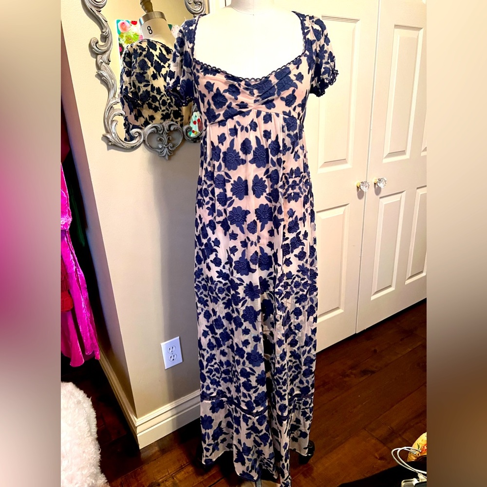 Gorgeous For Love and Lemons embroidered sheer maxi dress with nude body suit.